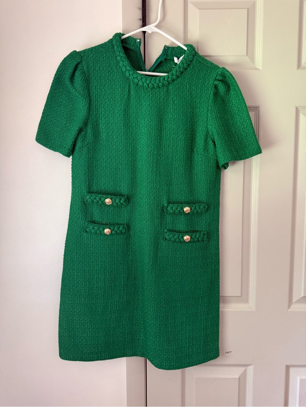 Green Textured Short Sleeve Formal Dress with Braided Trim